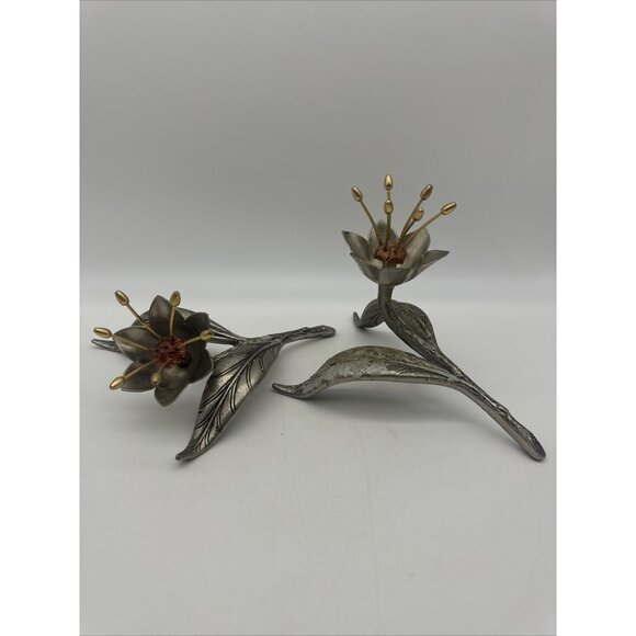 Vintage MCM Silver Metal Lotus Lily Flower Sculpture Ashtray  Set Botanical READ - Picture 1 of 16